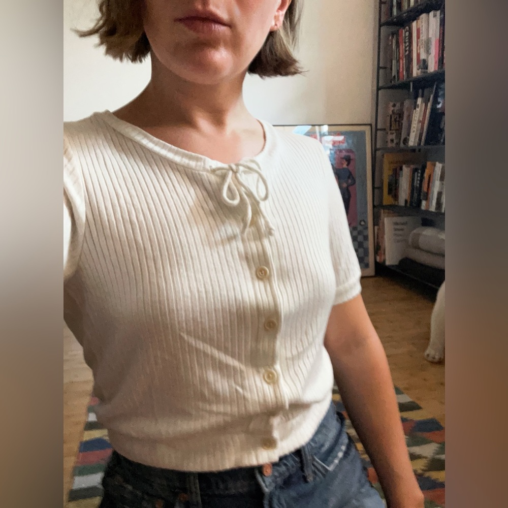 Reformation White Ribbed Button Up Blouse